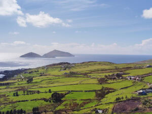 Coastal view with green fields and islands off the Ring of Kerry.