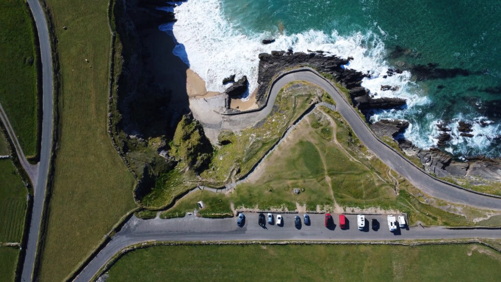 Overhead view of Cumeenoole carpark on the cliffs above the Atlantic, along the Slea Head Drive.