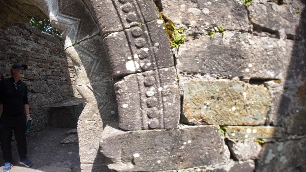 Close-up of Romanesque bead moulding on the west doorway of Kilmalkedar Church, County Kerry.