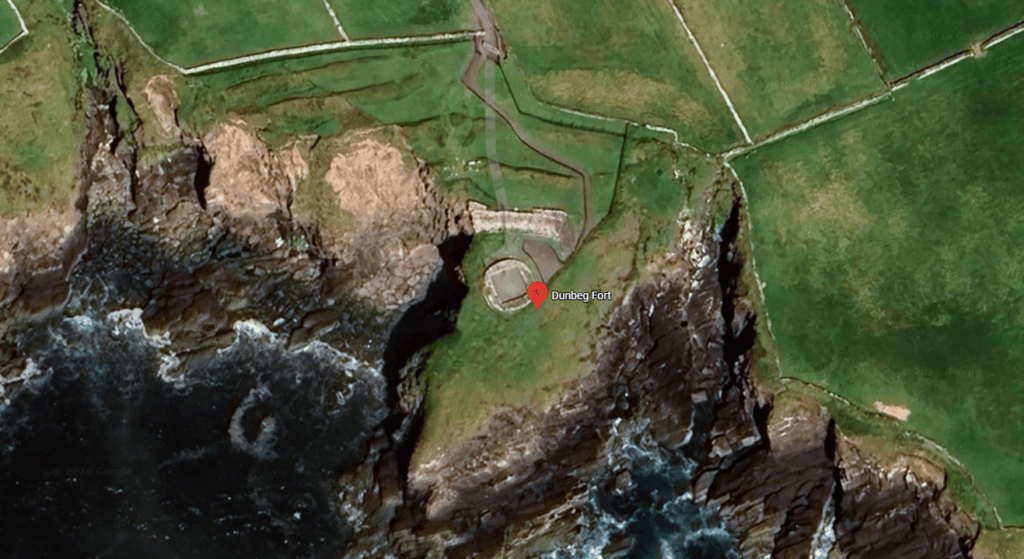 Satellite view of Dún Beag Stone Fort on its narrow cliff-top headland overlooking the Atlantic Ocean on the Dingle Peninsula.