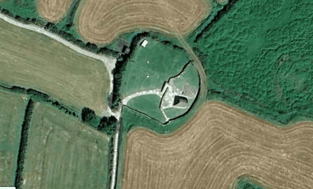 Satellite view of Gallarus Oratory and its surrounding stone enclosure on the Dingle Peninsula in County Kerry.