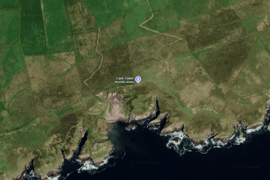Satellite view showing the location of Eask Tower on Carhoo Hill above Dingle Harbour on the Dingle Peninsula, County Kerry.