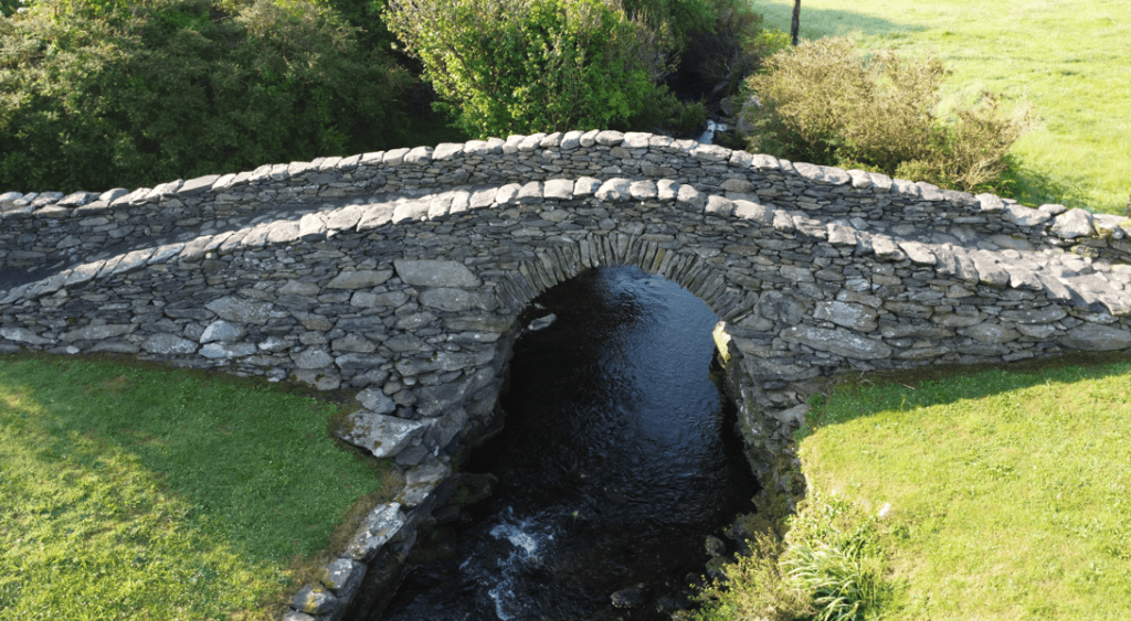 Aerial view of Garfinny Bridge spanning the Garfinny River near Dingle in County Kerry.