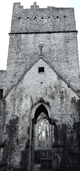 Pointed Gothic doorway beneath a steep stone gable and central tower within the ruins of Muckross Abbey.