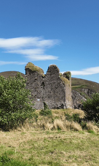 Ruined walls of Minard Castle surrounded by grass and trees, with the hills of the Dingle Peninsula rising behind.