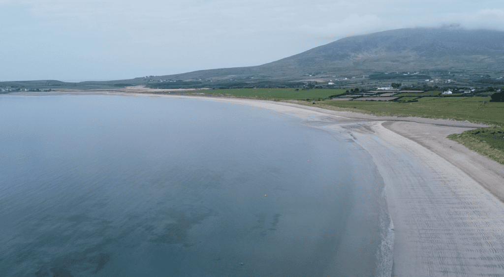 Aerial view along the sweeping sandy shoreline of Ventry Beach beside the sheltered waters of Ventry Harbour in County Kerry.