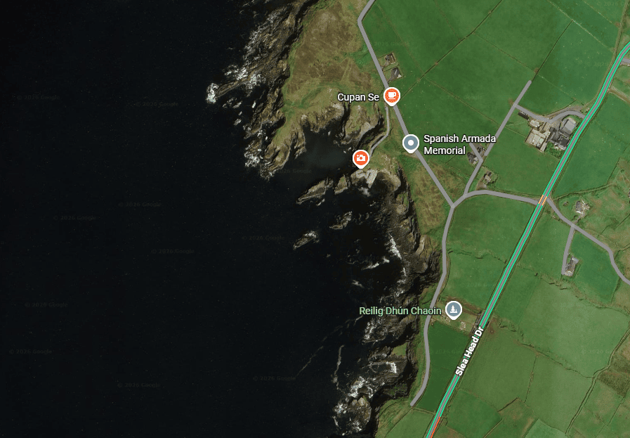 Satellite map showing Dunquin Pier and the surrounding Atlantic coastline, roads and farmland at Dún Chaoin on the Dingle Peninsula.