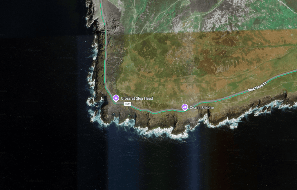 Satellite map showing Slea Head Drive following the Atlantic coastline around the western end of the Dingle Peninsula.