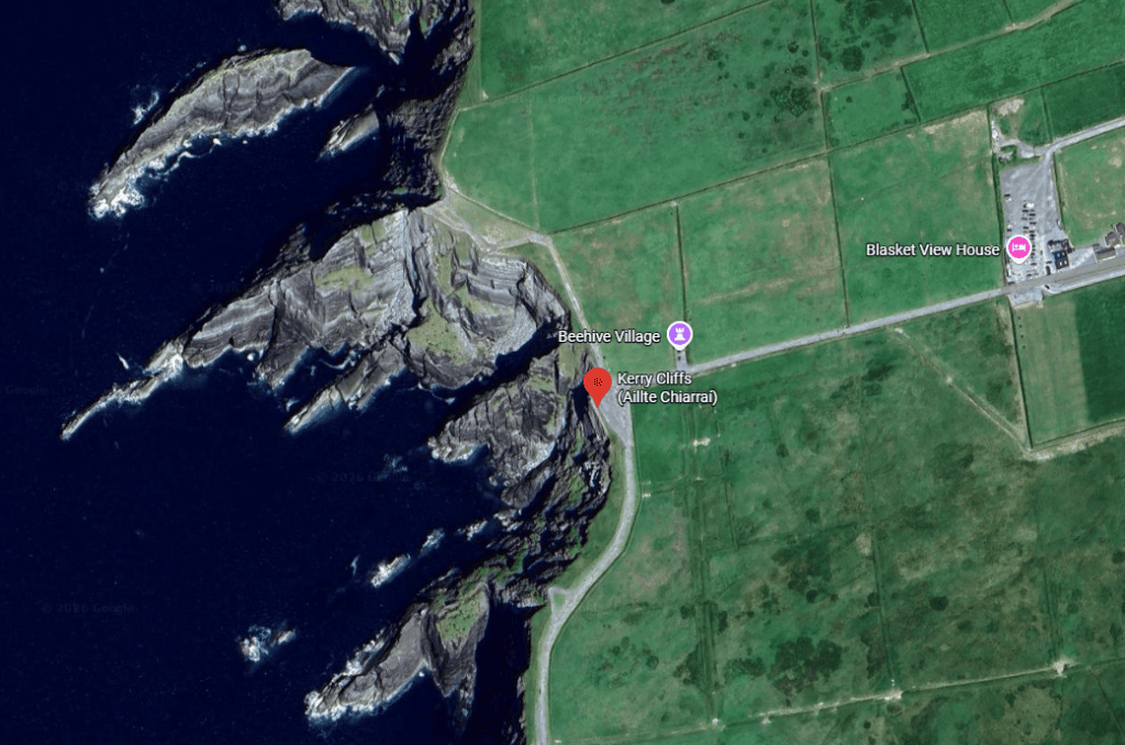 Satellite map showing the location of Kerry Cliffs on the Atlantic coast of the Iveragh Peninsula near Portmagee.