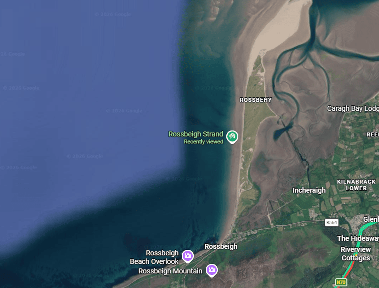 Satellite map showing Rossbeigh Strand extending along the County Kerry coastline near Glenbeigh and Castlemaine Harbour.