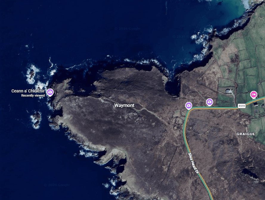 Satellite map showing the location of Clogher Head on the Atlantic coast west of Ballyferriter on the Dingle Peninsula.
