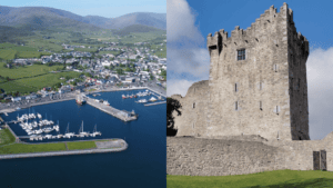Split view comparing Dingle Harbour beneath the mountains with Ross Castle in Killarney National Park, County Kerry.